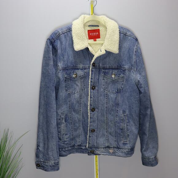 Guess Sherpa Lined Denim Trucker Jacket Blue Jean Fleece Collar L - Picture 1 of 3